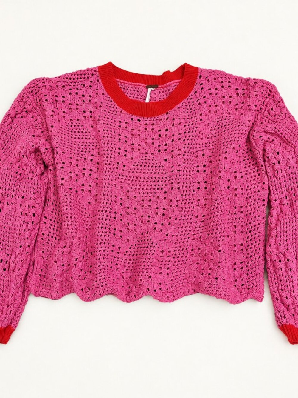 Openwork Puff Sleeve Cropped Knit